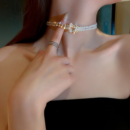Pearl Crystal Choker Rhinestone Necklaces Statement Jewelry