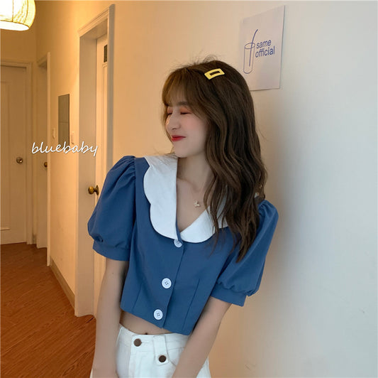 Women''s Clothing Short Sleeve Net Red Foreign Style Versatile Short Bubble Sleeve Sweater