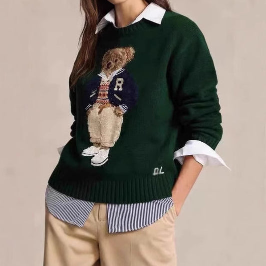 Cartoon Bear Embroidered Wool Cashmere Sweater